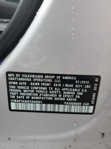 1VWAP7A32CC043241 - 2012 VOLKSWAGEN PASSAT S SILVER photo 12