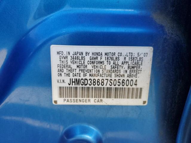 JHMGD38687S056004 - 2007 HONDA FIT BLUE photo 12