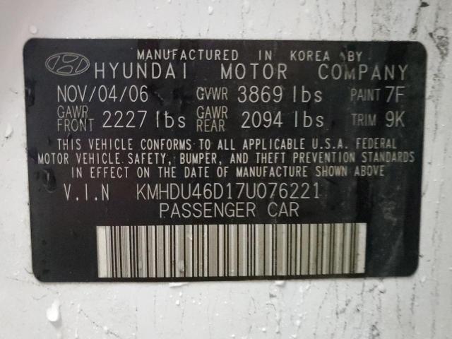 KMHDU46D17U076221 - 2007 HYUNDAI ELANTRA GLS WHITE photo 12