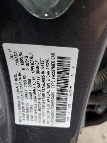 2HGFC1F70HH657689 - 2017 HONDA CIVIC EXL ნაცრისფერი ფოტო 12