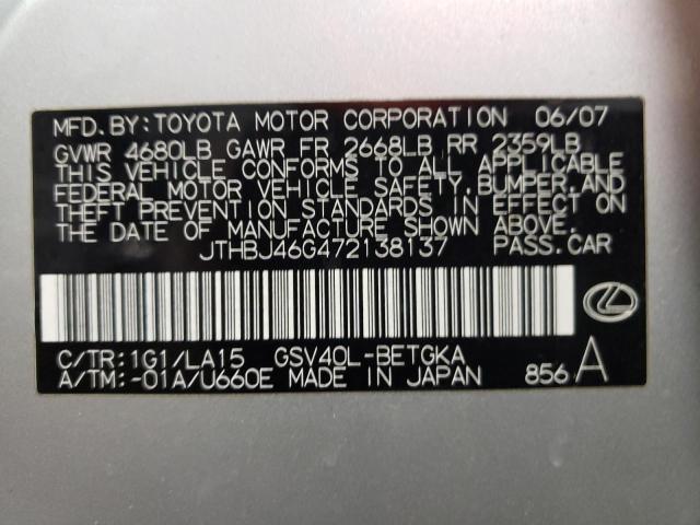 JTHBJ46G472138137 - 2007 LEXUS ES 350 SILVER photo 12