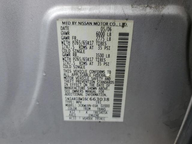 5N1AR18W16C663038 - 2006 NISSAN PATHFINDER LE SILVER photo 13