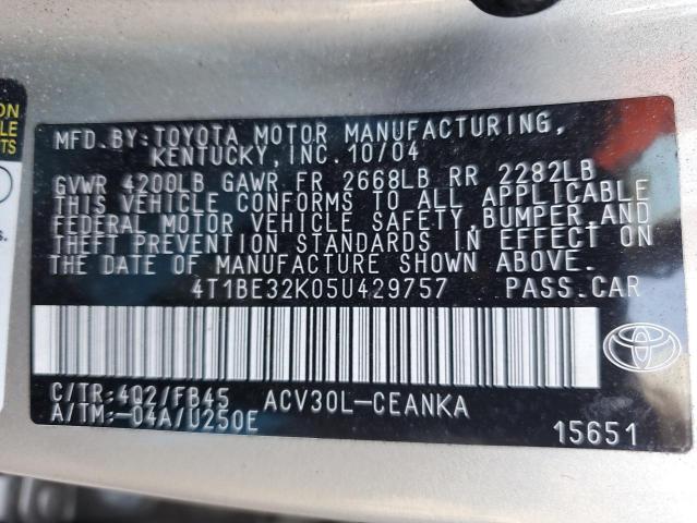 4T1BE32K05U429757 - 2005 TOYOTA CAMRY LE TAN photo 12