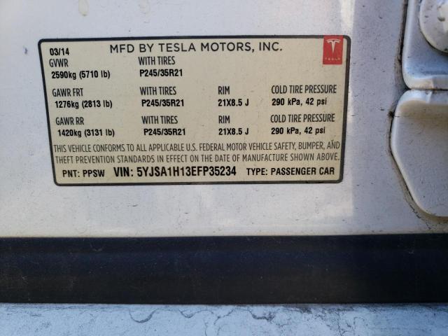 5YJSA1H13EFP35234 - 2014 TESLA MODEL S WHITE photo 12