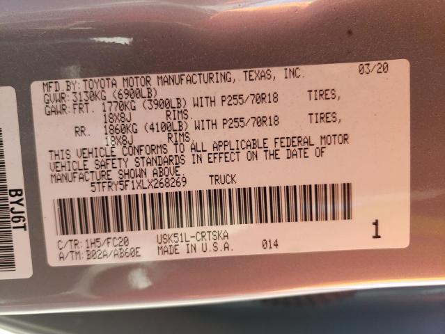 5TFRY5F1XLX268269 - 2020 TOYOTA TUNDRA DOUBLE CAB SR/SR5 GRAY photo 12