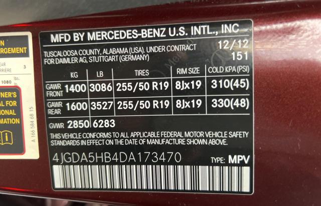4JGDA5HB4DA173470 - 2013 MERCEDES-BENZ ML 350 4MATIC BURGUNDY photo 10