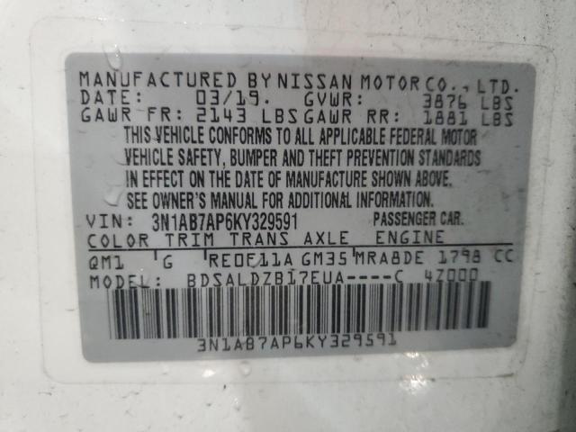 3N1AB7AP6KY329591 - 2019 NISSAN SENTRA S WHITE photo 12