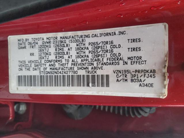 5TEGN92N04Z427780 - 2004 TOYOTA TACOMA DOUBLE CAB PRERUNNER RED photo 12