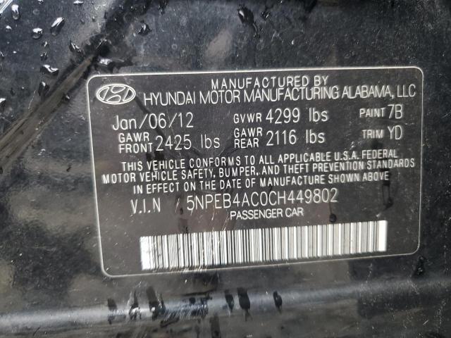 5NPEB4AC0CH449802 - 2012 HYUNDAI SONATA GLS BLACK photo 12