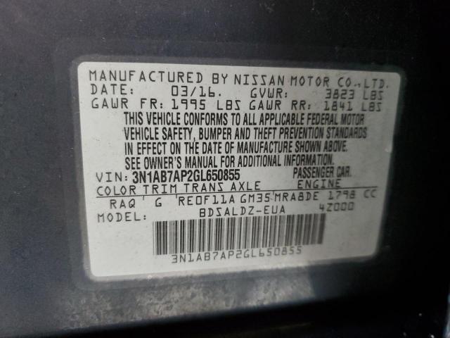 3N1AB7AP2GL650855 - 2016 NISSAN SENTRA S BLUE photo 12