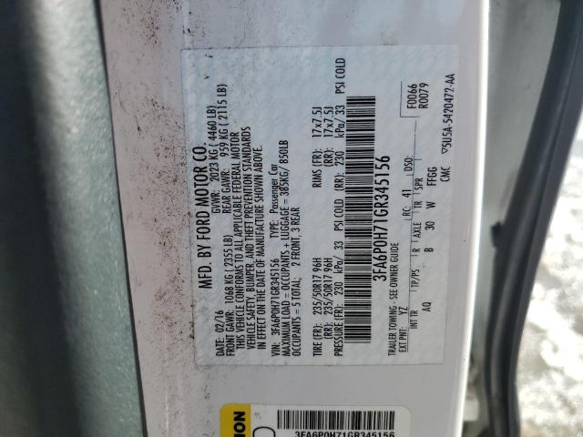 3FA6P0H71GR345156 - 2016 FORD FUSION SE WHITE photo 12