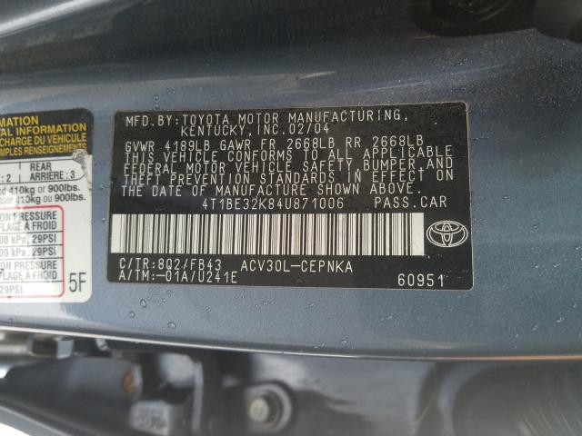 4T1BE32K84U871006 - 2004 TOYOTA CAMRY LE  photo 10