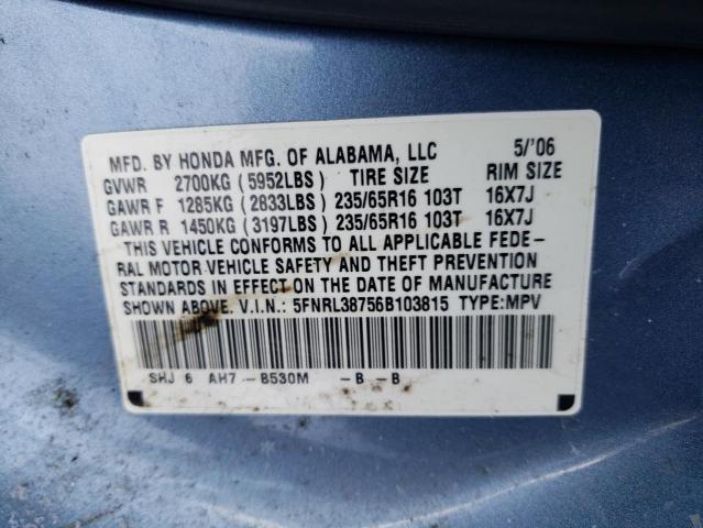 5FNRL38756B103815 - 2006 HONDA ODYSSEY EXL BLUE photo 13