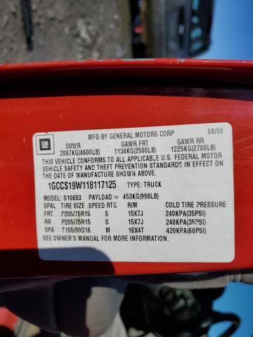 1GCCS19W118117125 - 2001 CHEVROLET S TRUCK S10 RED photo 12