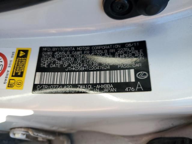 JTHKD5BH1C2047624 - 2012 LEXUS CT 200 WHITE photo 12