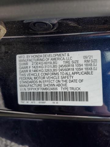 5FPYK3F76MB024806 - 2021 HONDA RIDGELINE RTL BLUE photo 13