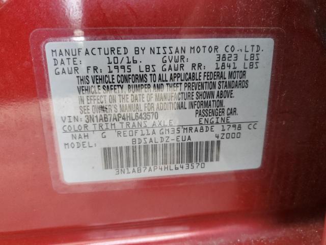 3N1AB7AP4HL643570 - 2017 NISSAN SENTRA S RED photo 13