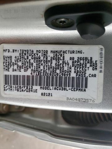 4T1BE32K02U019049 - 2002 TOYOTA CAMRY LE SILVER photo 12