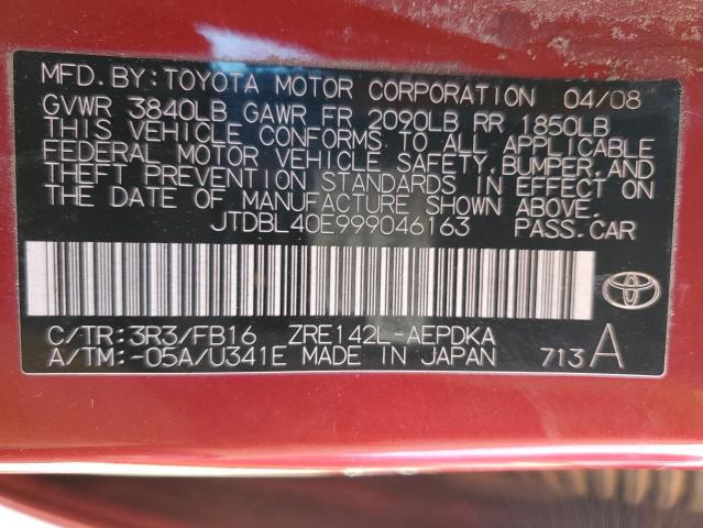 JTDBL40E999046163 - 2009 TOYOTA COROLLA BASE RED photo 12