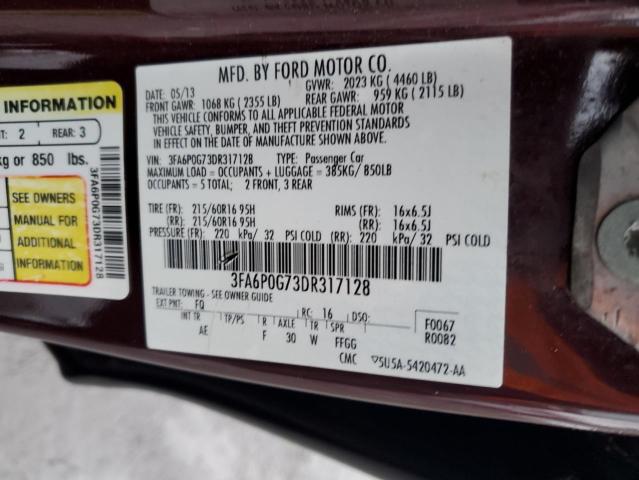 3FA6P0G73DR317128 - 2013 FORD FUSION S BURGUNDY photo 12