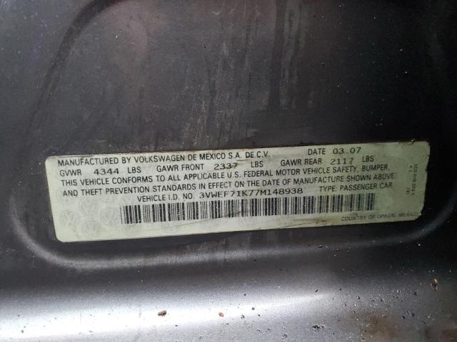 3VWEF71K77M148938 - 2007 VOLKSWAGEN JETTA WOLFSBURG 灰色 照片 12