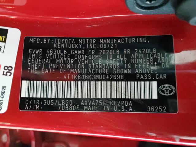 4T1K61BK3MU042698 - 2021 TOYOTA CAMRY XSE RED photo 13