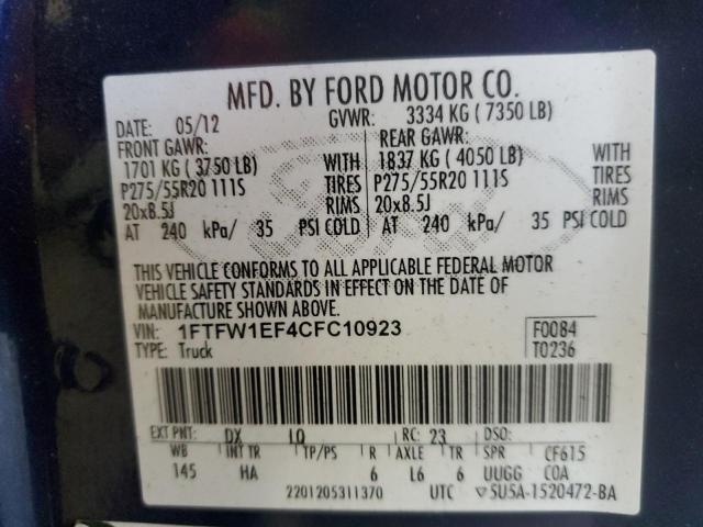 1FTFW1EF4CFC10923 - 2012 FORD F150 SUPERCREW BLUE photo 12