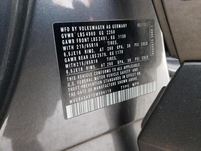 WVGBV3AX1DW594118 - 2013 VOLKSWAGEN TIGUAN S GRAY photo 12