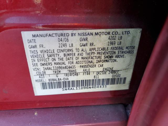 1N4AL11D96N404435 - 2006 NISSAN ALTIMA S BURGUNDY photo 12