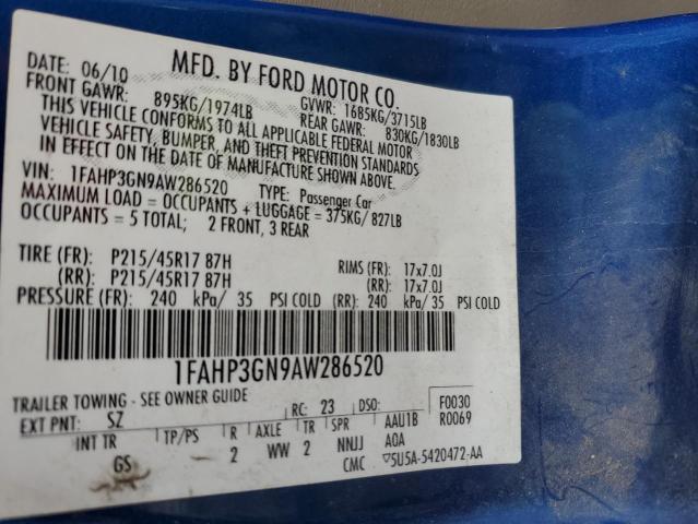 1FAHP3GN9AW286520 - 2010 FORD FOCUS SES BLUE photo 13