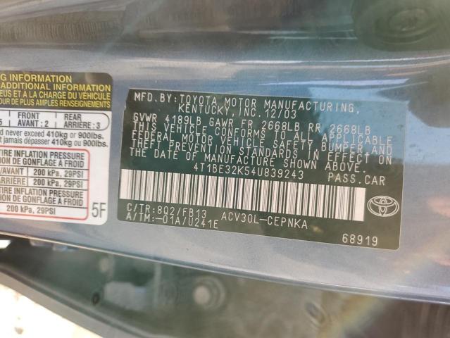 4T1BE32K54U839243 - 2004 TOYOTA CAMRY LE BLUE photo 12