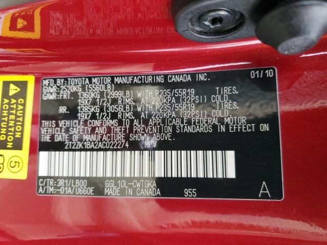 2T2ZK1BA2AC022274 - 2010 LEXUS RX 350 RED photo 13