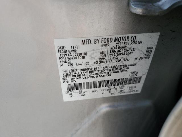 2FMDK4JC9CBA55136 - 2012 FORD EDGE SEL SILVER photo 12