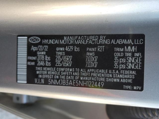 5NMJB3AE5NH122449 - 2022 HYUNDAI TUCSON SEL SILVER photo 12