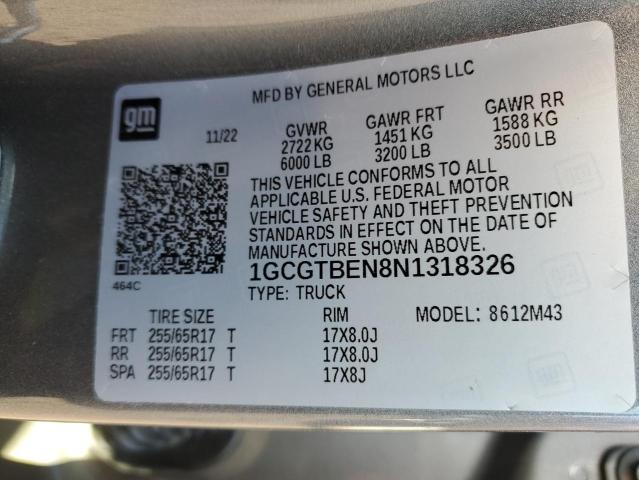 1GCGTBEN8N1318326 - 2022 CHEVROLET COLORADO SILVER photo 12