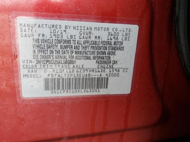 3N1CP5CU5KL565051 - 2019 NISSAN KICKS S RED photo 12