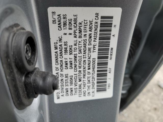 2HGFC2F75JH605003 - 2018 HONDA CIVIC EX GRAY photo 12