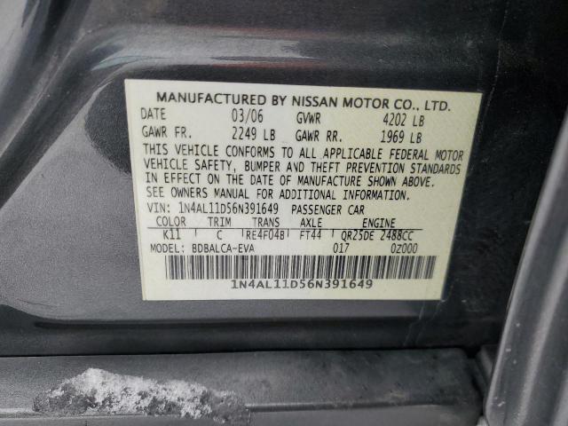 1N4AL11D56N391649 - 2006 NISSAN ALTIMA S GRAY photo 12