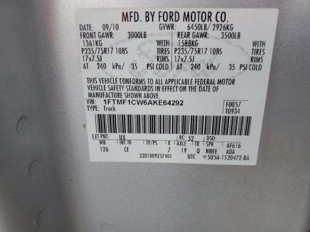 1FTMF1CW6AKE64292 - 2010 FORD F150 SILVER photo 12