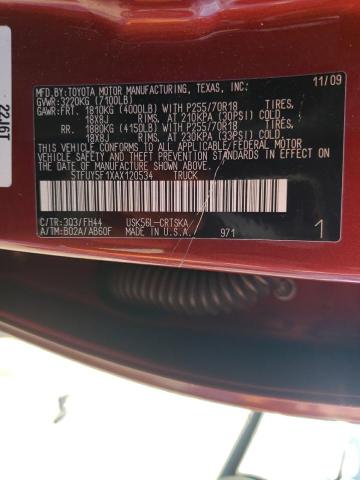 5TFUY5F1XAX120534 - 2010 TOYOTA TUNDRA DOUBLE CAB SR5 BURGUNDY photo 12