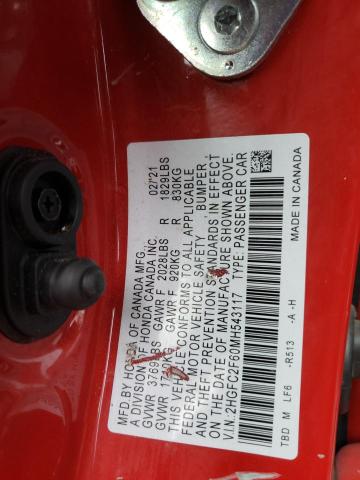 2HGFC2F60MH543117 - 2021 HONDA CIVIC LX RED photo 12