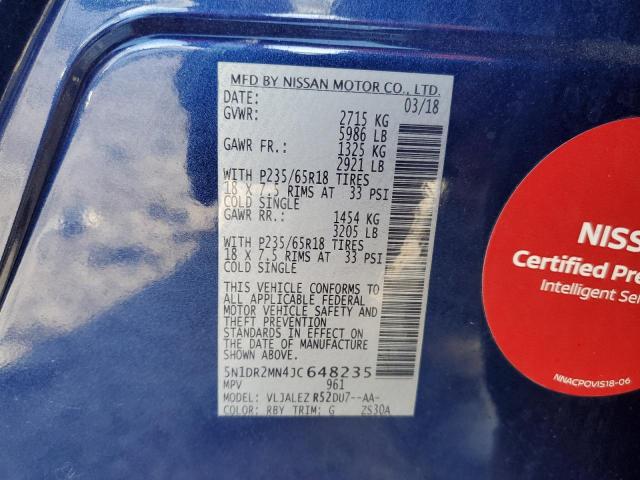 5N1DR2MN4JC648235 - 2018 NISSAN PATHFINDER S BLUE photo 12