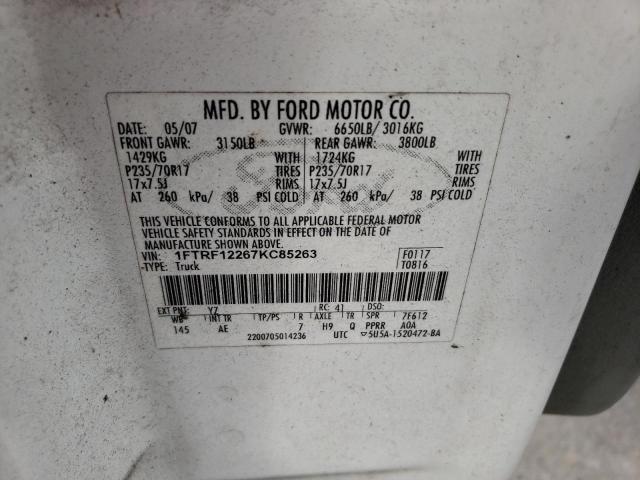 1FTRF12267KC85263 - 2007 FORD F150 WHITE photo 12