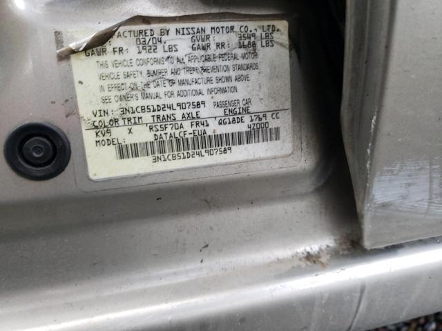 3N1CB51D24L907589 - 2004 NISSAN SENTRA 1.8 SILVER photo 12