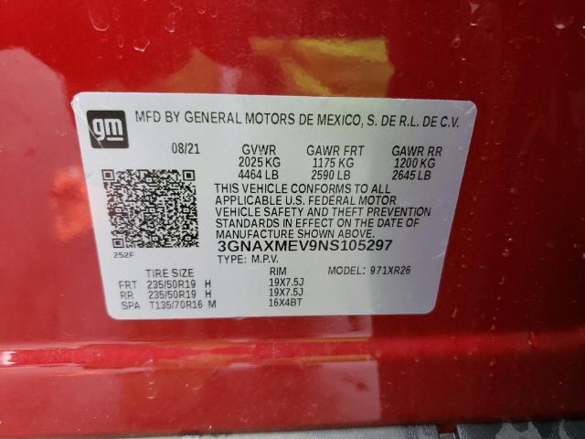 3GNAXMEV9NS105297 - 2022 CHEVROLET EQUINOX RS RED photo 13