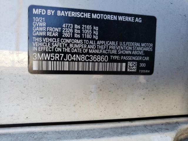 3MW5R7J04N8C36860 - 2022 BMW 330XI WHITE photo 12