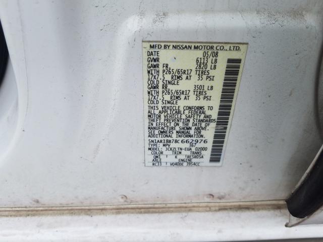 5N1AR18B78C662976 - 2008 NISSAN PATHFINDER S  photo 10