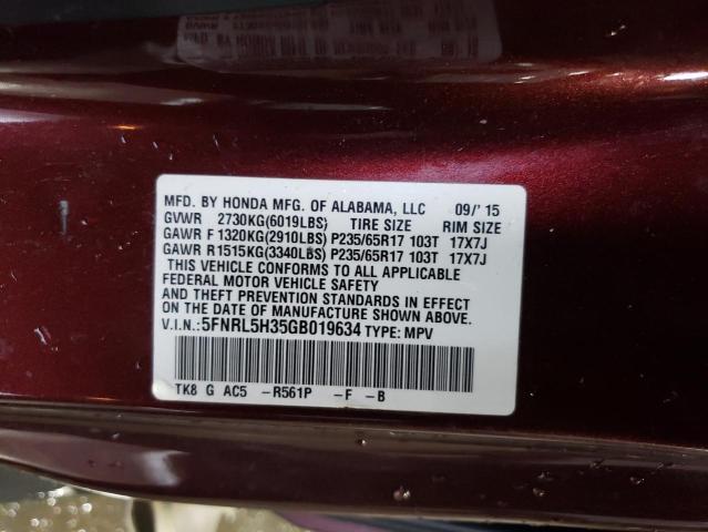 5FNRL5H35GB019634 - 2016 HONDA ODYSSEY SE BURGUNDY photo 12