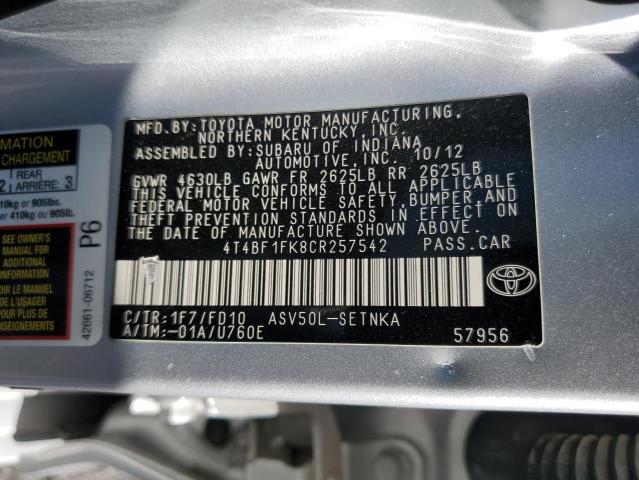 4T4BF1FK8CR257542 - 2012 TOYOTA CAMRY BASE SILVER photo 12