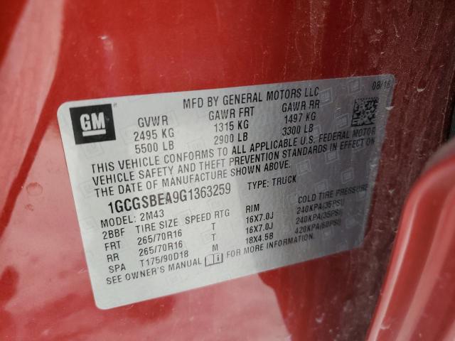 1GCGSBEA9G1363259 - 2016 CHEVROLET COLORADO RED photo 12